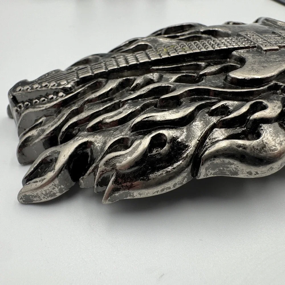 Screaming Skull Electric Guitar Flames Belt Buckle‎ Antique Silver Biker Rocker